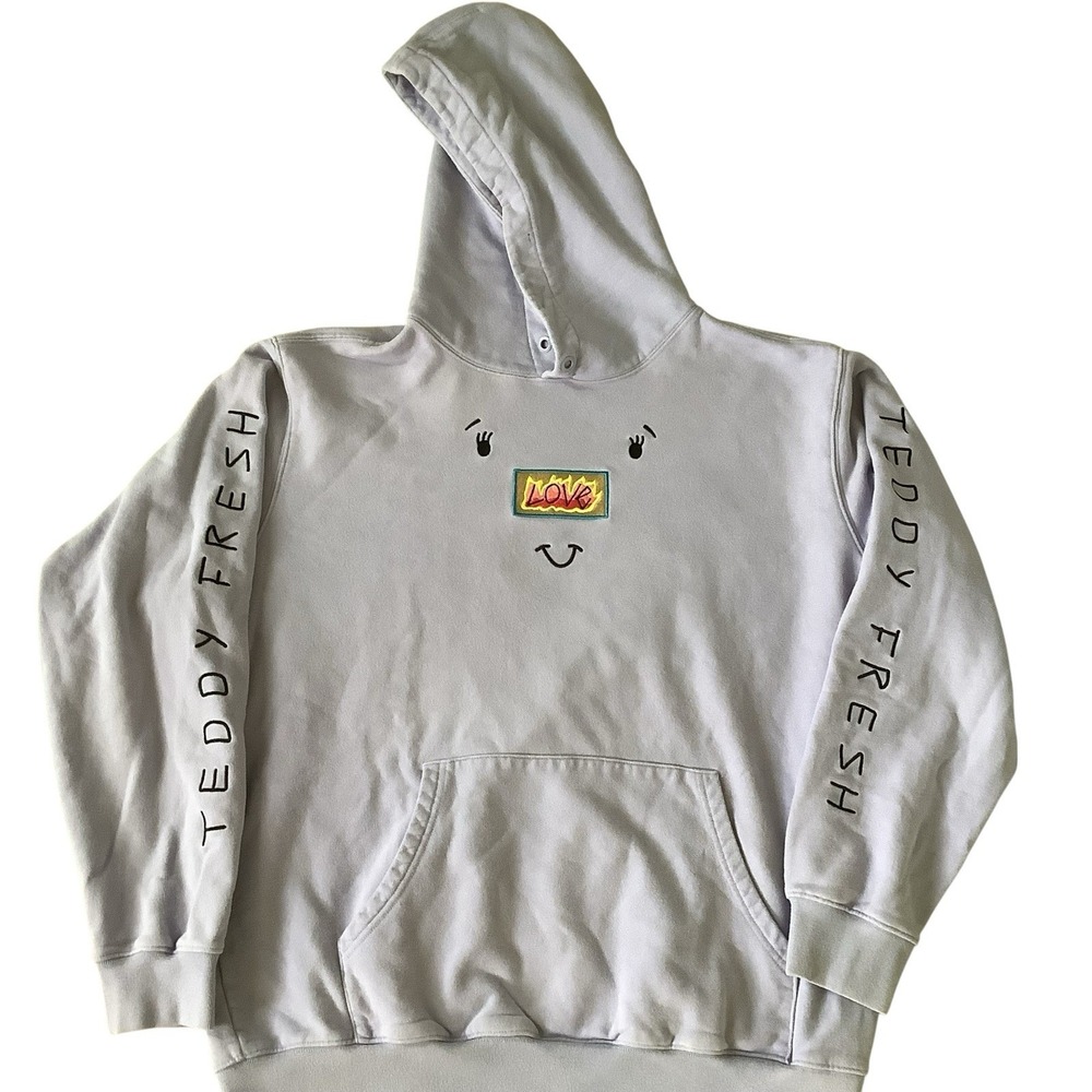 Teddy Fresh LOVE Face Graphic Hoodie Gray XL Sleeve Logo Streetwear